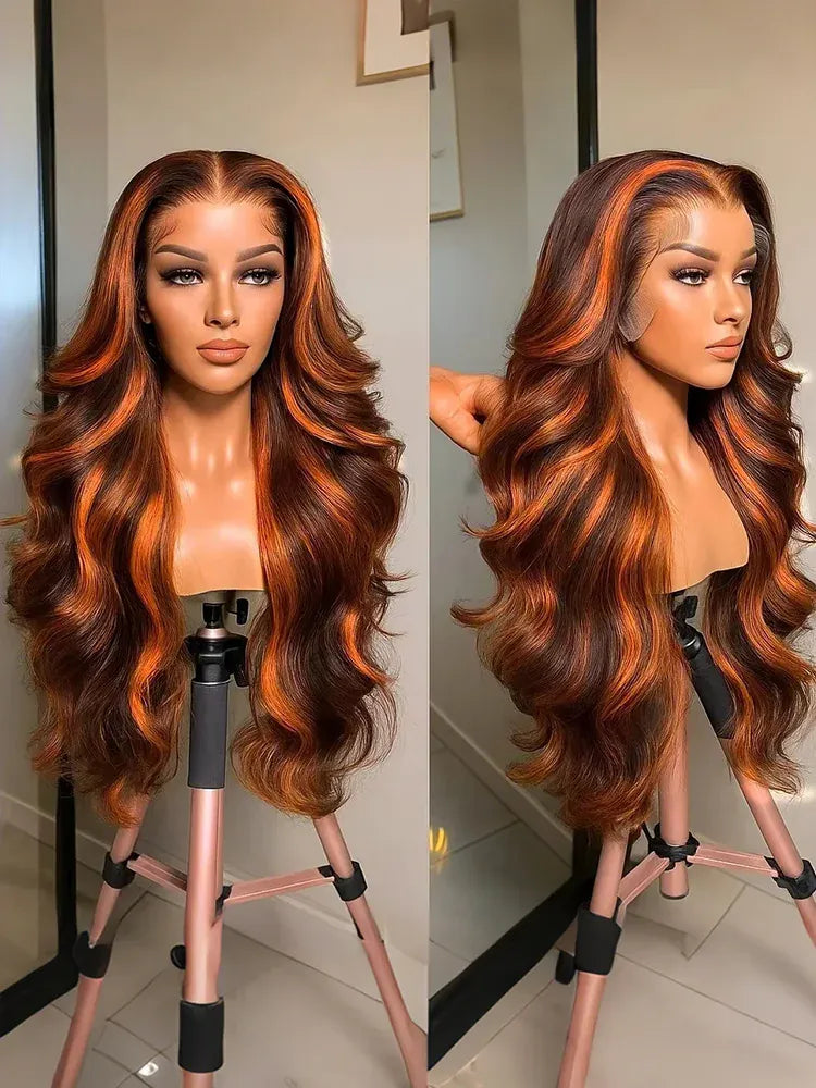 Water wave human hair wig with 13x6 lace frontal in ginger orange brown, pre-plucked for Black women