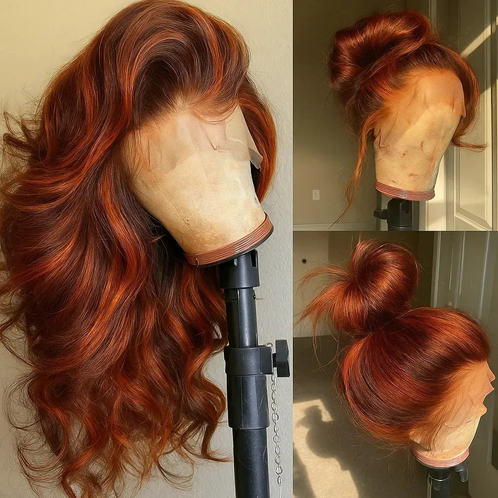 Ginger orange-brown water wave human hair wig with 13x6 lace frontal and pre-plucked hairline by HSF Marketplace