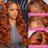 Water wave human hair wig with ginger orange-brown waves and a 13x6 lace frontal