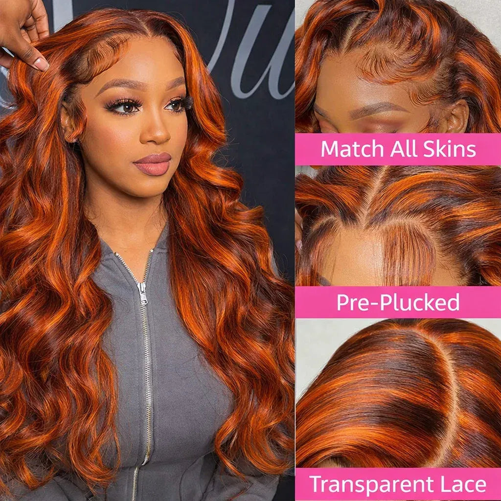 Water wave human hair wig with ginger orange-brown waves and a 13x6 lace frontal