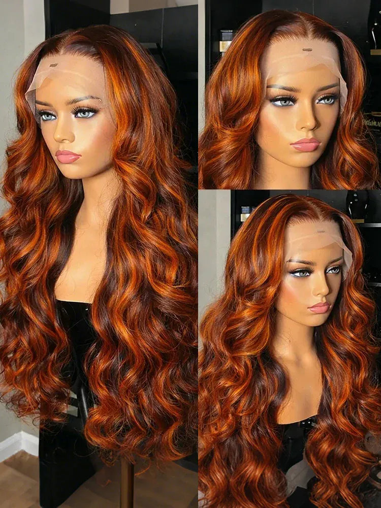 Water wave human hair wig with lace frontal in ginger orange-brown, featuring pre-plucked 13x6 HD lace and body waves