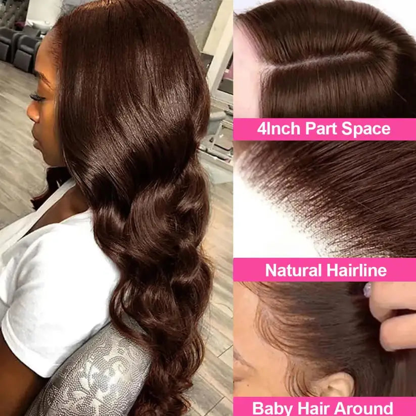 #4 Chocolate Brown Body Wave Virgin Wig 16-34 Inch 13x4 Frontal  HD Lace 250 Density Pre Plucked With Baby Hair Brazilian Remy Hair Dual HD Lace Caps
