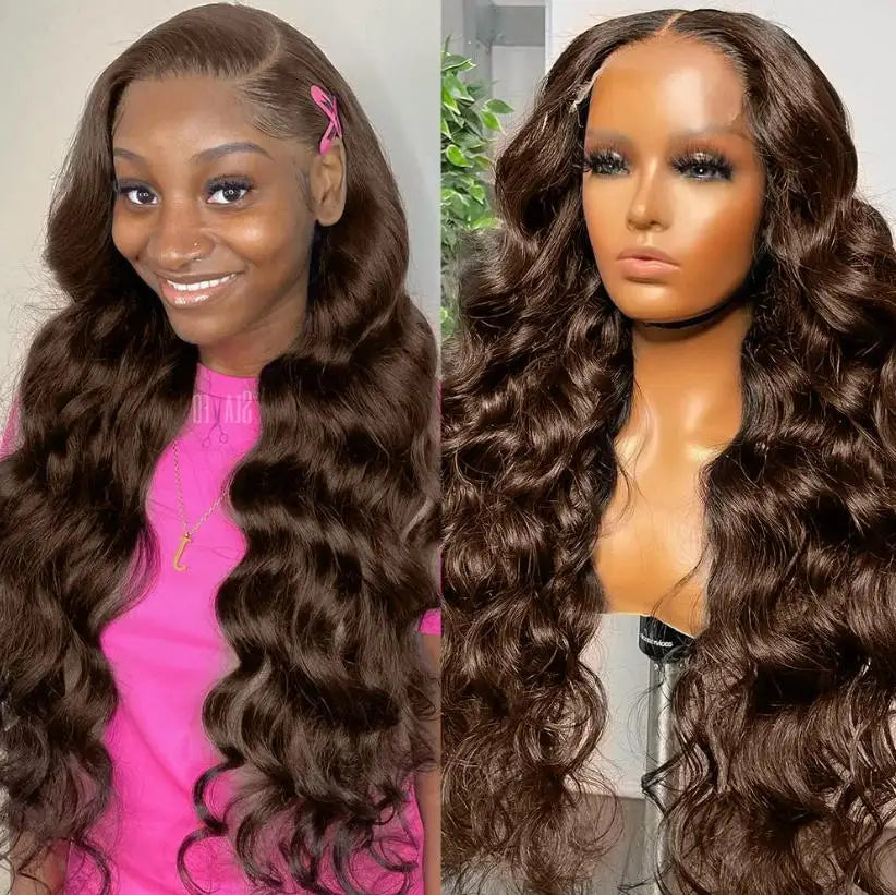 #4 Chocolate Brown Body Wave Virgin Wig 16-34 Inch 13x4 Frontal  HD Lace 250 Density Pre Plucked With Baby Hair Brazilian Remy Hair Dual HD Lace Caps