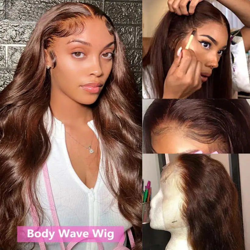 #4 Chocolate Brown Body Wave Virgin Wig 16-34 Inch 13x4 Frontal  HD Lace 250 Density Pre Plucked With Baby Hair Brazilian Remy Hair Dual HD Lace Caps