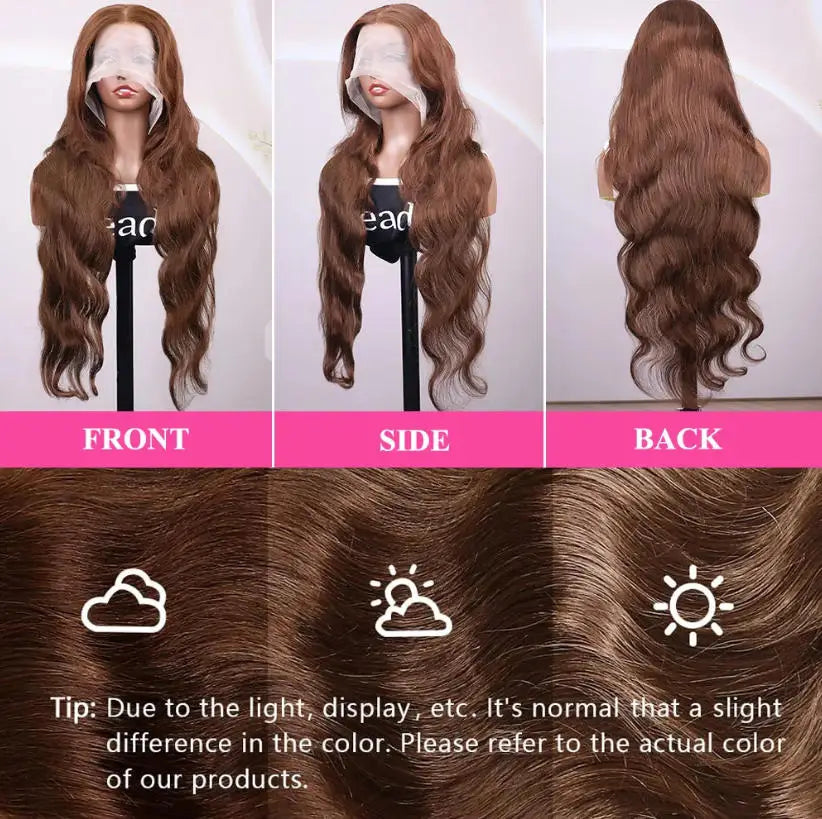 #4 Chocolate Brown Body Wave Virgin Wig 16-34 Inch 13x4 Frontal  HD Lace 250 Density Pre Plucked With Baby Hair Brazilian Remy Hair Dual HD Lace Caps