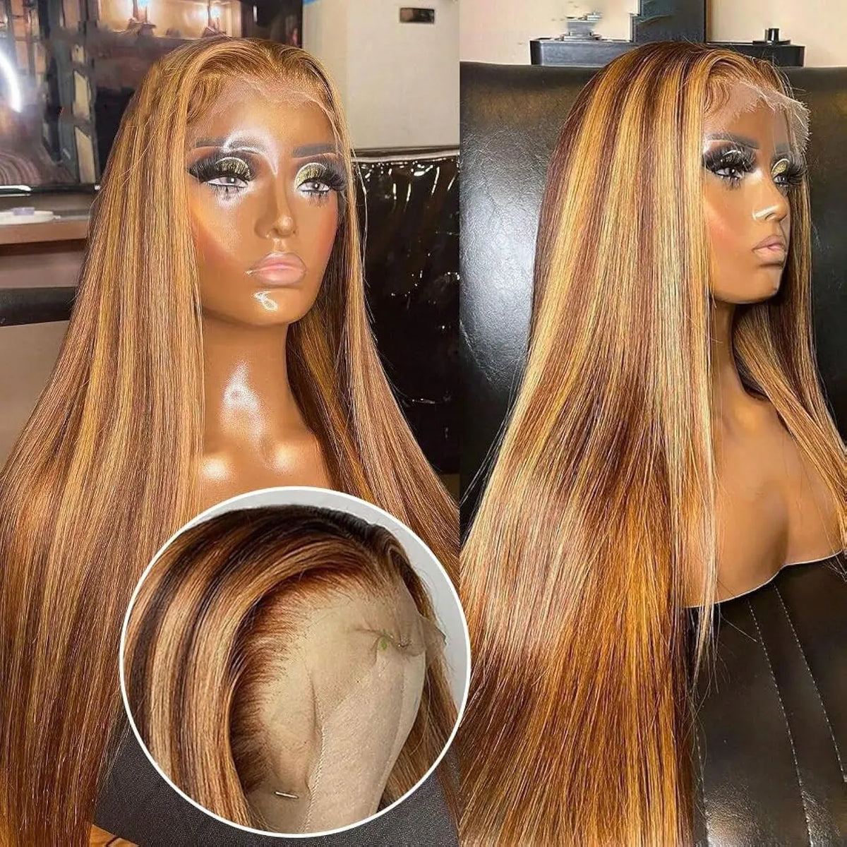 40 Inch Bone Straight 4/27 13x4 Highlight Straight Lace Front Wigs Human Hair 5*5 Pre-cut  Closure Straight Glueless Wig With Baby Hair 200 Density  For Women