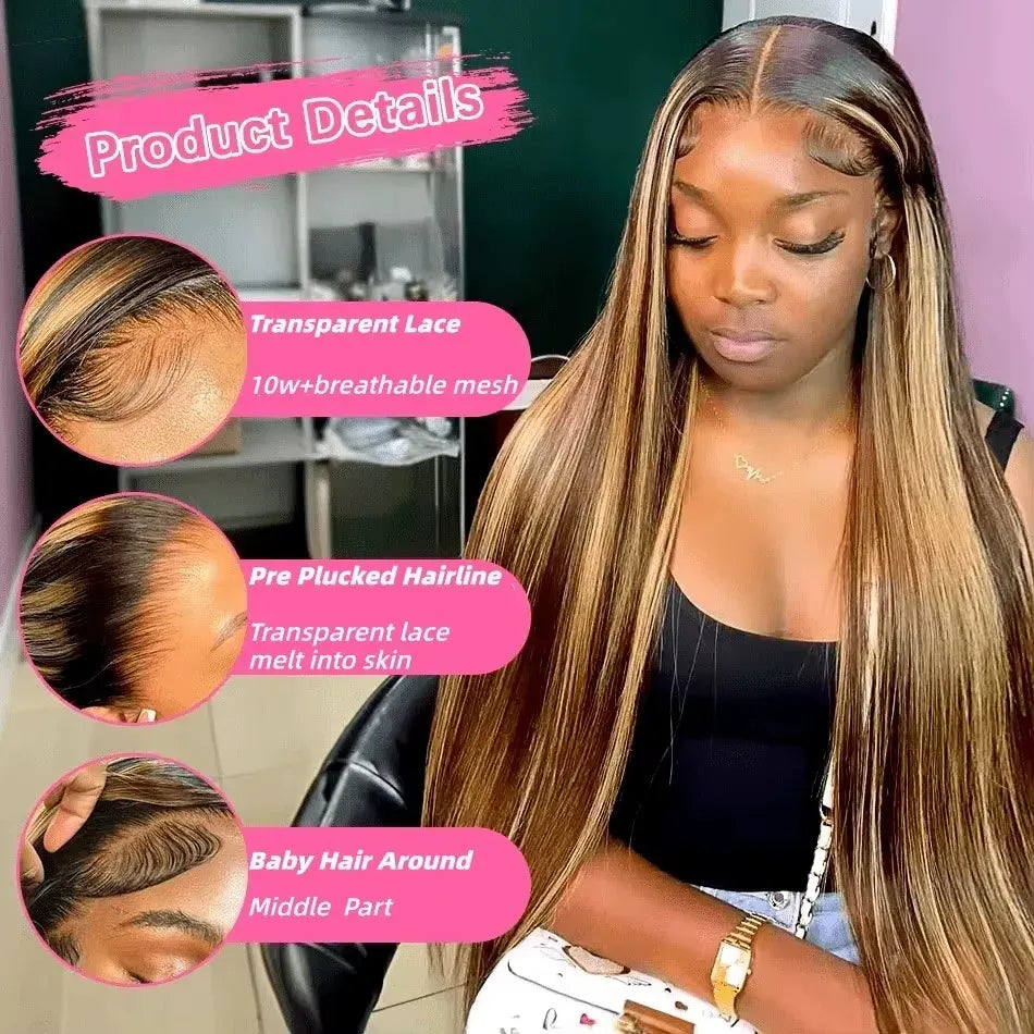 40 Inch Bone Straight 4/27 13x4 Highlight Straight Lace Front Wigs Human Hair 5*5 Pre-cut  Closure Straight Glueless Wig With Baby Hair 200 Density  For Women