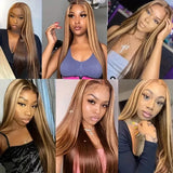 40-inch bone straight highlighted lace front human hair wig with pre-cut closure, baby hair, and glueless design