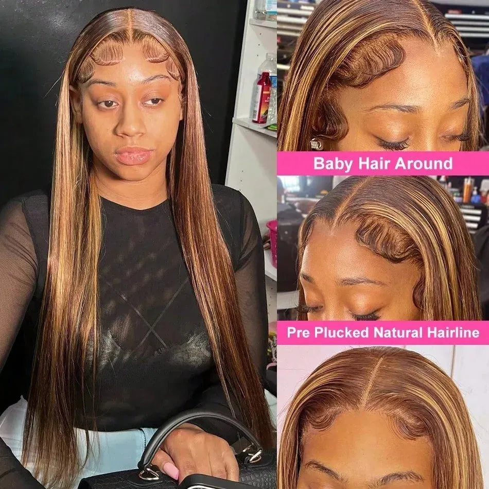 40 Inch Bone Straight 4/27 13x4 Highlight Straight Lace Front Wigs Human Hair 5*5 Pre-cut  Closure Straight Glueless Wig With Baby Hair 200 Density  For Women