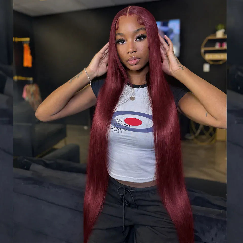 40inch 13x6 HD Lace 99J Burgundy Colored Front Wig Human Hair Wigs Pre Plucked Premium Red Straight Lace Frontal Human Hair Wigs