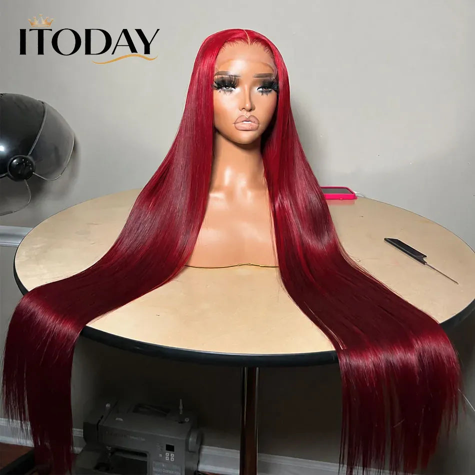 40inch 13x6 HD Lace 99J Burgundy Colored Front Wig Human Hair Wigs Pre Plucked Premium Red Straight Lace Frontal Human Hair Wigs