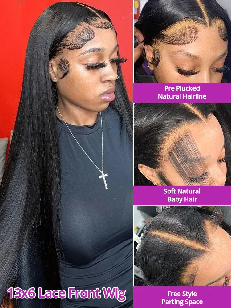 46 Inch Bone Straight 100% Human Hair Wig 13x4 13x6 HD Transparent Lace Wigs Brazilian Hair 360 Full Lace Frontal Wig For Women Natural Black Pre Plucked Baby Hair 250 High Density Real Remy Hair