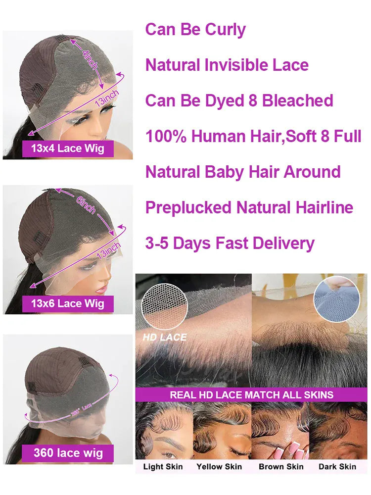46 Inch Bone Straight 100% Human Hair Wig 13x4 13x6 HD Transparent Lace Wigs Brazilian Hair 360 Full Lace Frontal Wig For Women Natural Black Pre Plucked Baby Hair 250 High Density Real Remy Hair