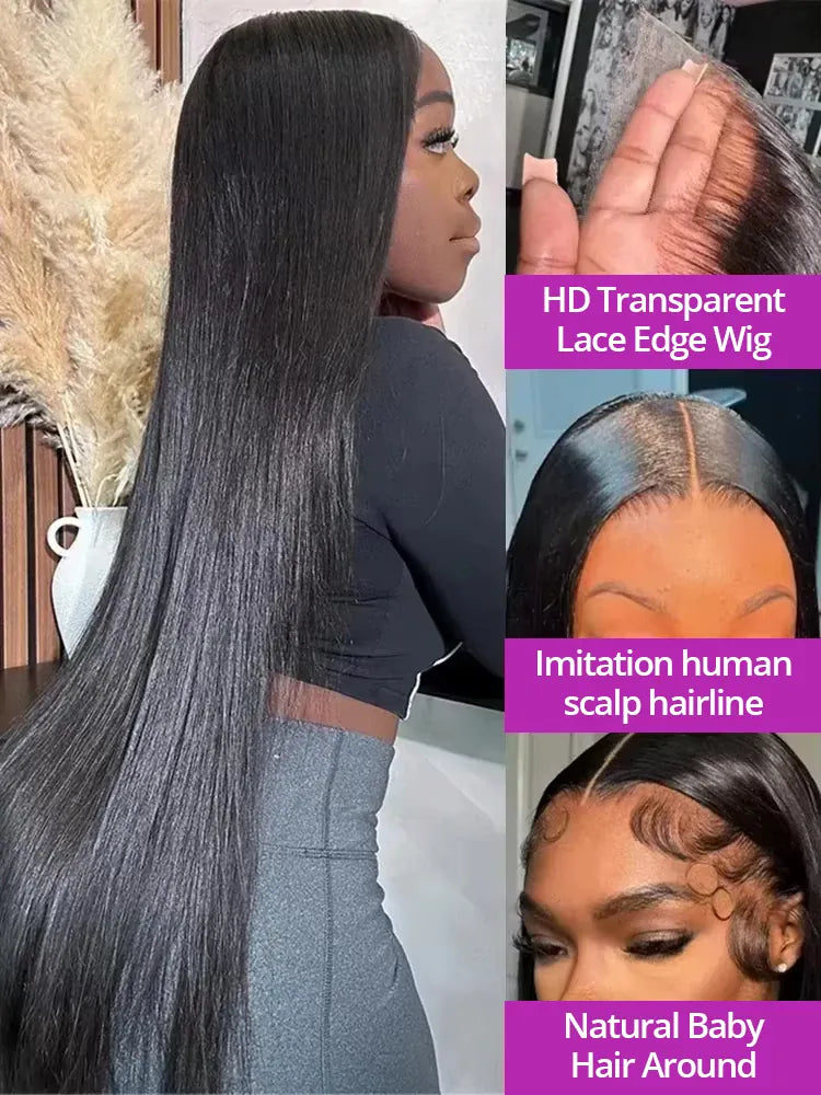 46 Inch Bone Straight 100% Human Hair Wig 13x4 13x6 HD Transparent Lace Wigs Brazilian Hair 360 Full Lace Frontal Wig For Women Natural Black Pre Plucked Baby Hair 250 High Density Real Remy Hair