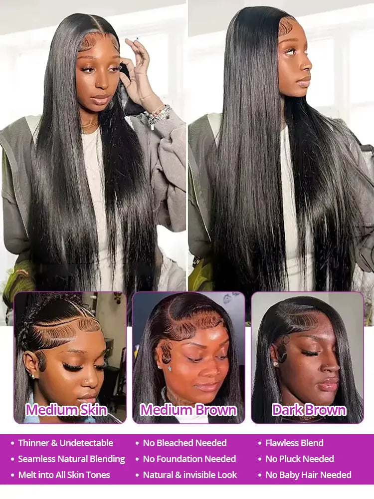46 Inch Bone Straight 100% Human Hair Wig 13x4 13x6 HD Transparent Lace Wigs Brazilian Hair 360 Full Lace Frontal Wig For Women Natural Black Pre Plucked Baby Hair 250 High Density Real Remy Hair