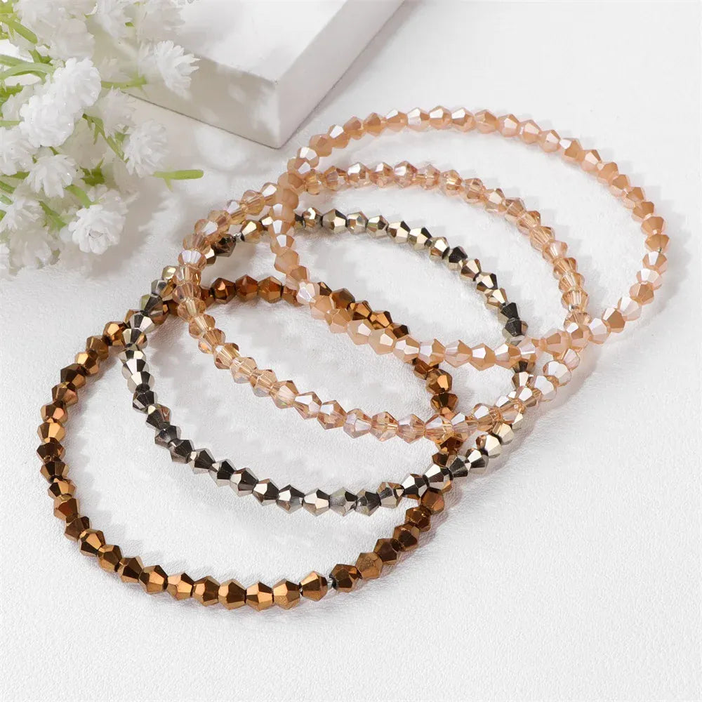 4pcs/set Gold Color Crystal Beads Bracelets For Women Girl Natural Stone Austria Crystal Glass Elastic Bracelet Set Jewelry