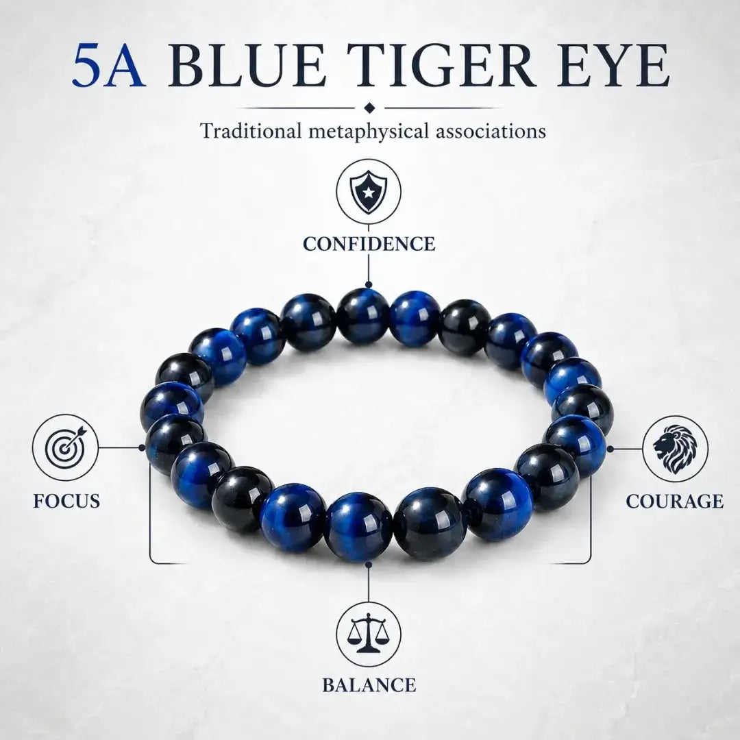 5A Blue Tiger Eye Stone Bracelet, Natural Gemstone Stretch Bead Bracelet for Women and Men