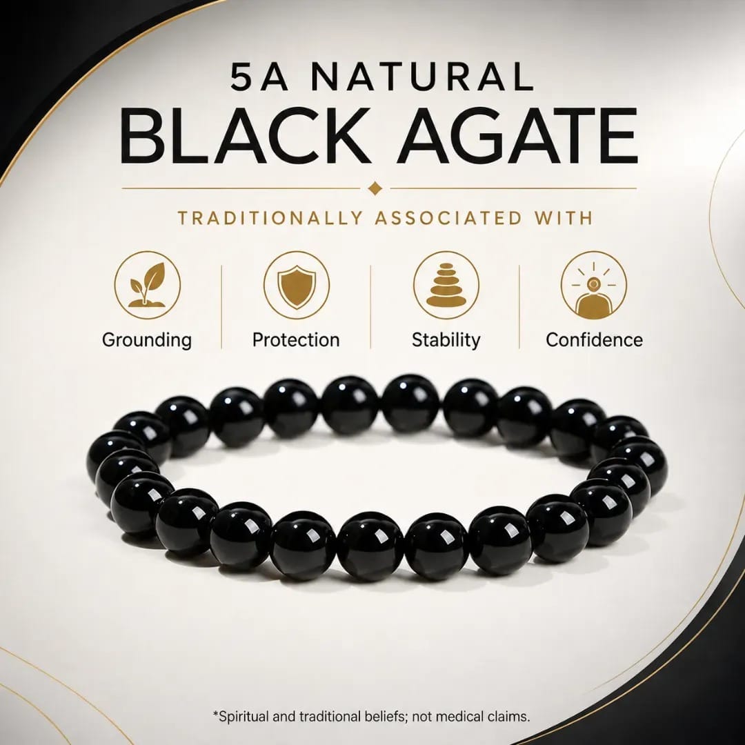 5A Natural Black Agate Stone Bracelet, Gemstone Stretch Bead Bracelet for Women and Men