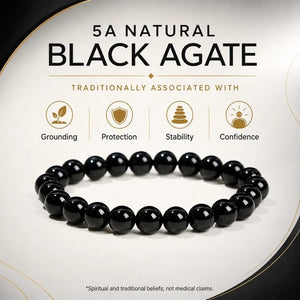 5A Natural Black Agate Stone Bracelet, Gemstone Stretch Bead Bracelet for Women and Men