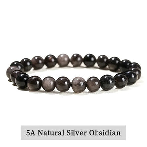 5A Natural Silver Obsidian Stone Bracelet, Gemstone Stretch Bead Bracelet for Women and Men