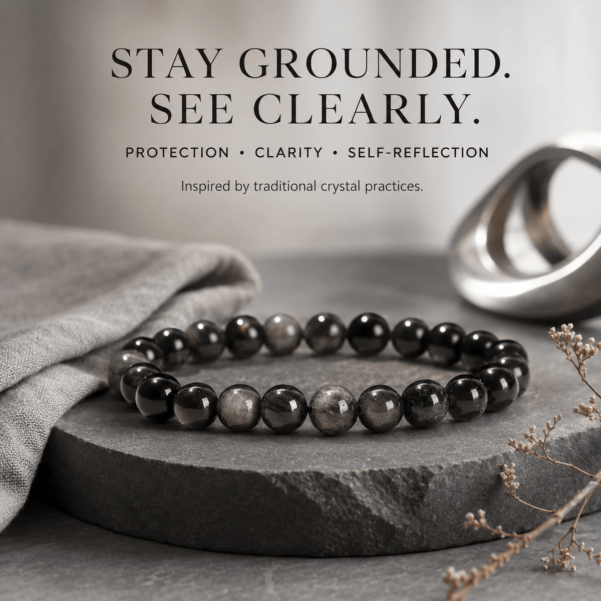 5A Natural Silver Obsidian Stone Bracelet, Gemstone Stretch Bead Bracelet for Women and Men