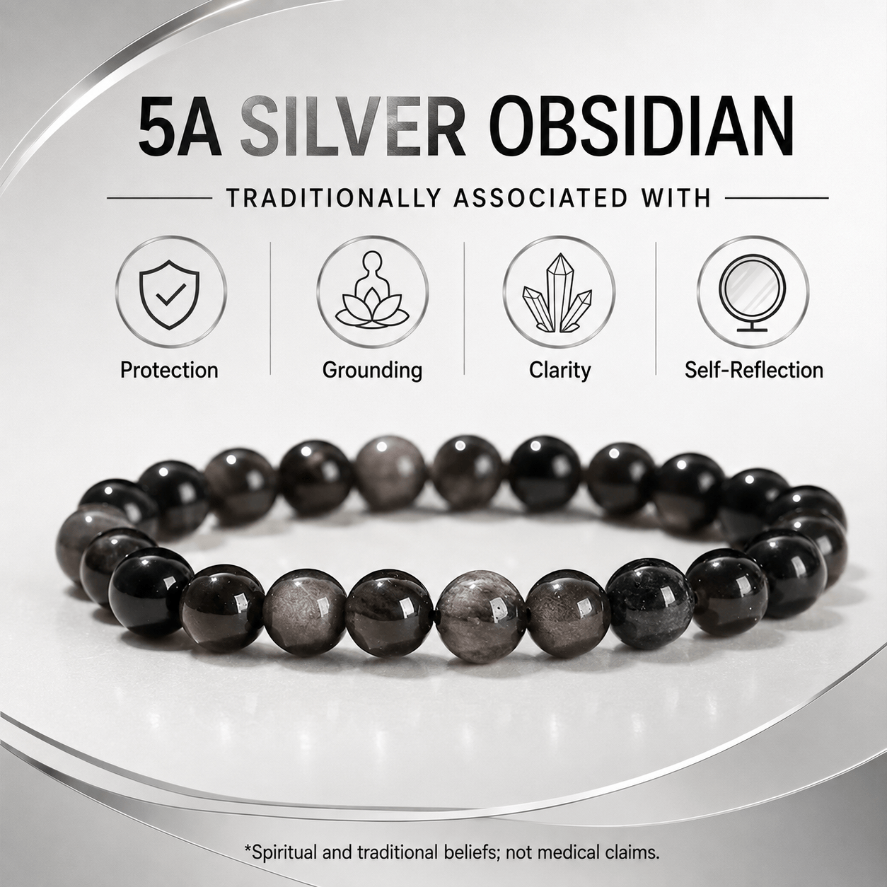 5A Natural Silver Obsidian Stone Bracelet, Gemstone Stretch Bead Bracelet for Women and Men