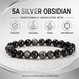 5A Natural Silver Obsidian Stone Bracelet, Gemstone Stretch Bead Bracelet for Women and Men