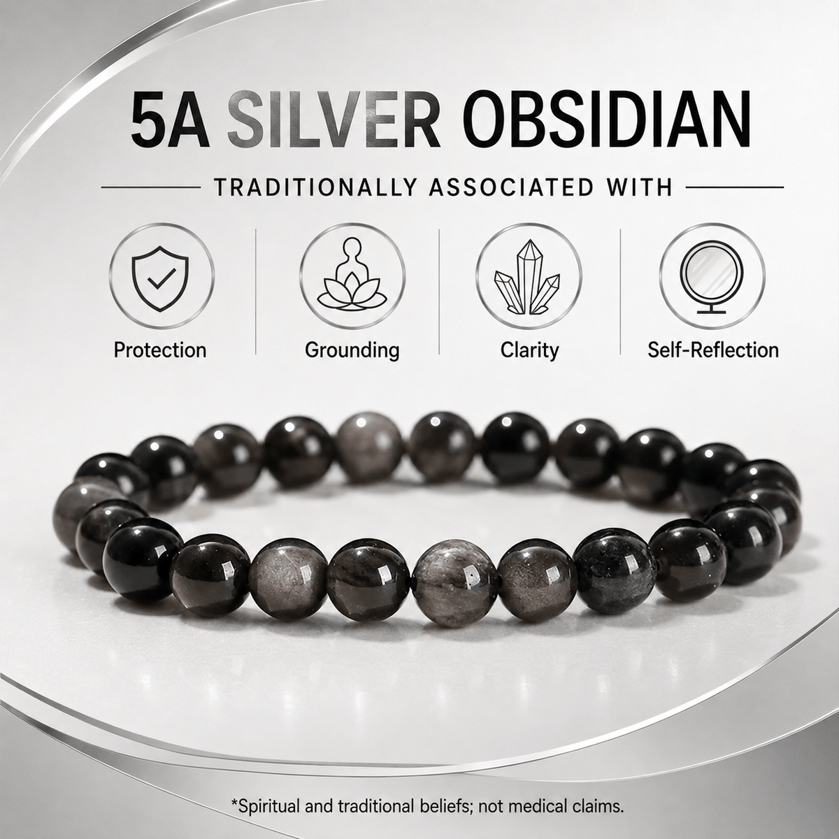 5A Natural Silver Obsidian Stone Bracelet, Gemstone Stretch Bead Bracelet for Women and Men