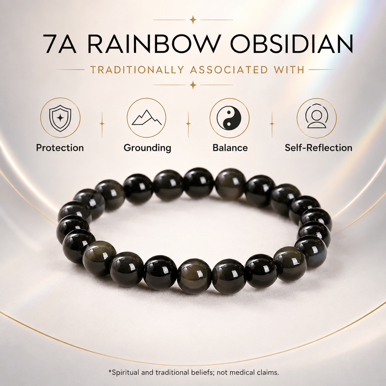 7A Rainbow Obsidian Natural Gemstone Bead Bracelet, Crystal Stretch Bracelet for Women and Men