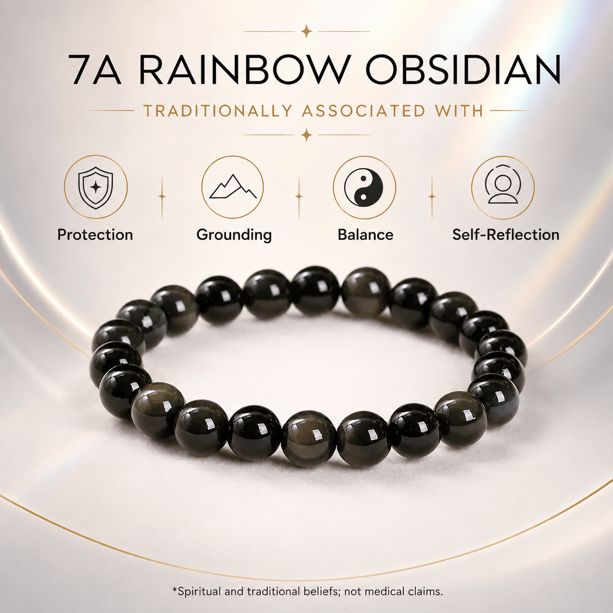 7A Rainbow Obsidian Natural Gemstone Bead Bracelet, Crystal Stretch Bracelet for Women and Men