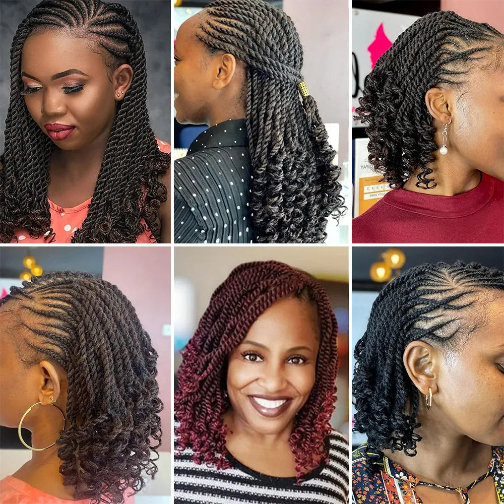 8 Packs Wavy Senegalese Twist Crochet Hair with Curly Ends, 8 Inch Black Synthetic Pre Looped Short Crochet Braids,
