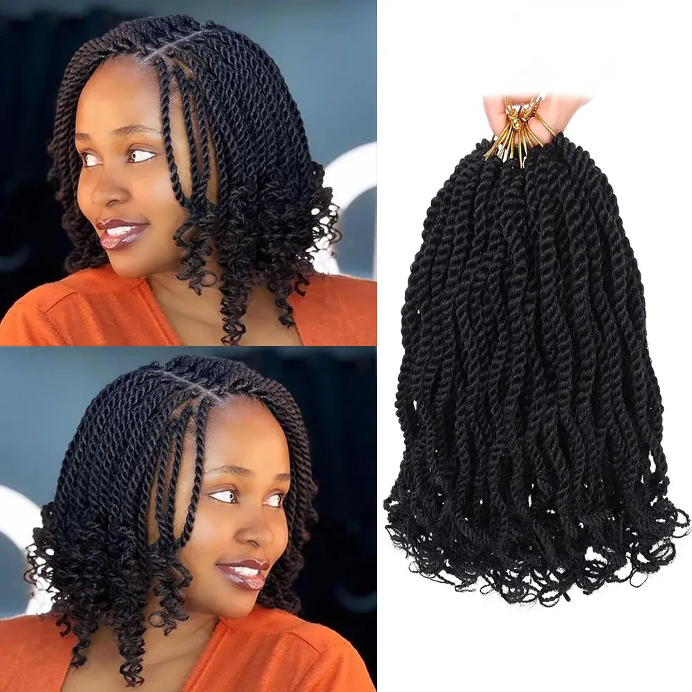 8 Packs Wavy Senegalese Twist Crochet Hair with Curly Ends, 8 Inch Black Synthetic Pre Looped Short Crochet Braids,