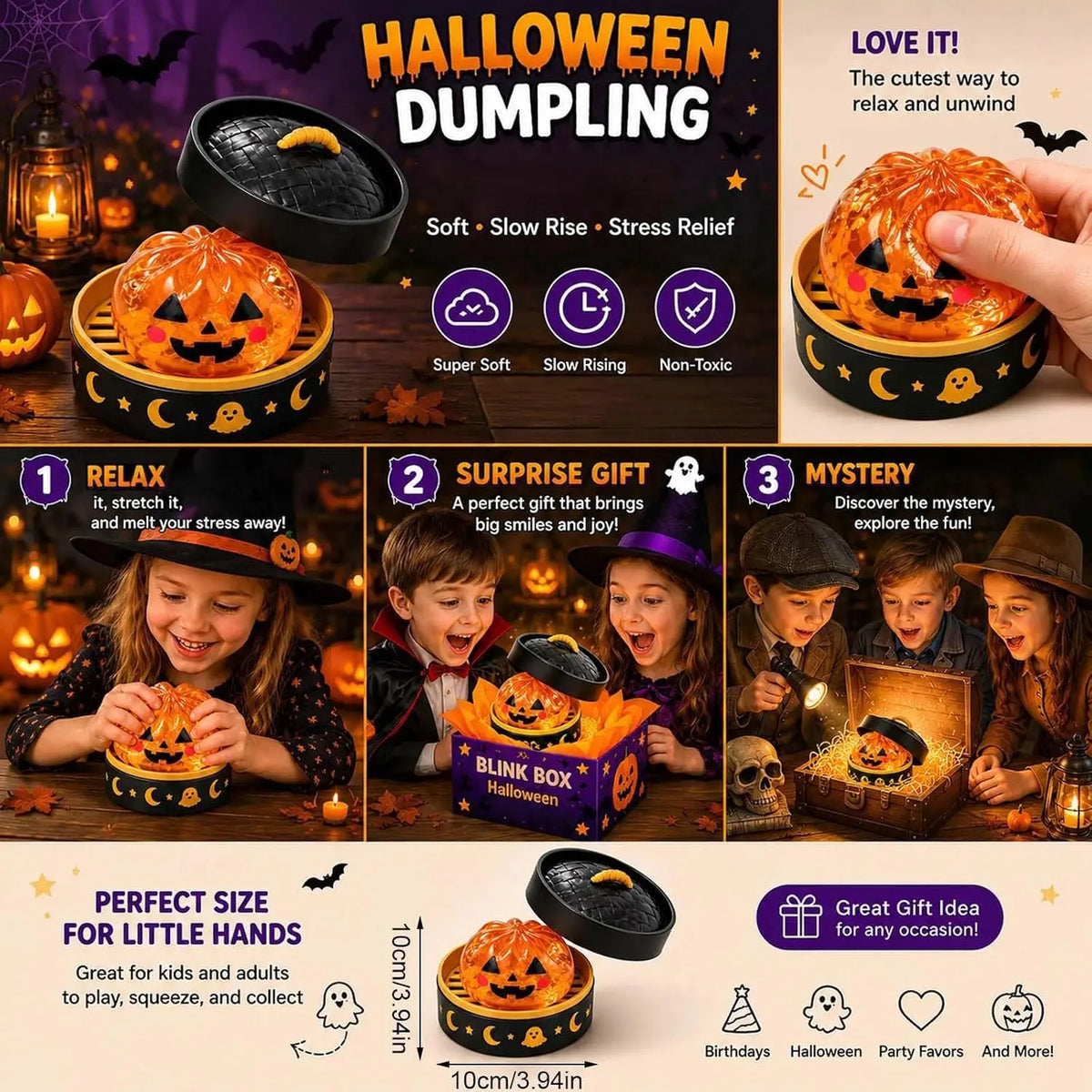 8cm Halloween dumpling squishy toy from HSF Marketplace, soft slow-rising stress relief sensory fidget toy with kawaii design
