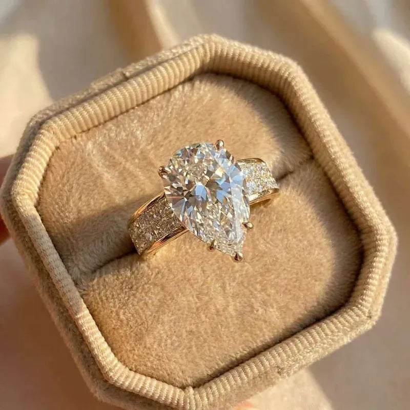 925 Sterling Silver Luxury Gold Color Water Drop CZ Wedding Rings for Women Brilliant White Cubic Zirconia Engagement Jewelry