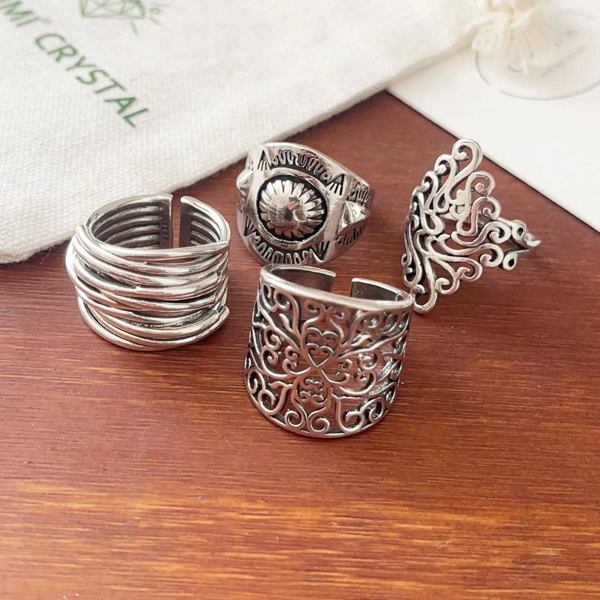 925 Sterling Silver Rings For Women Geometric Fine Jewelry Finger Adjustable Retro Flower Hollow Ring For Party Birthday Gift
