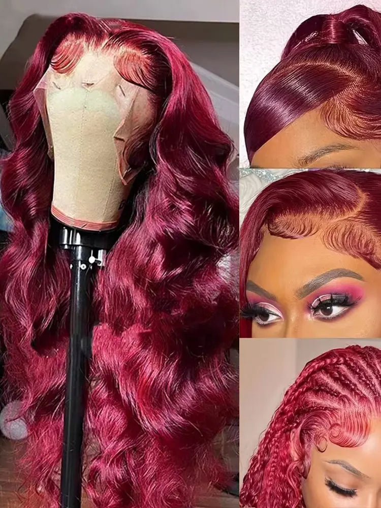 99j Burgundy Body Wave Human Hair Wigs 13x6 HD Lace Frontal Wig Brazilian 200 250 Density 30 40 Inch Red Colored Lace Front Wig
