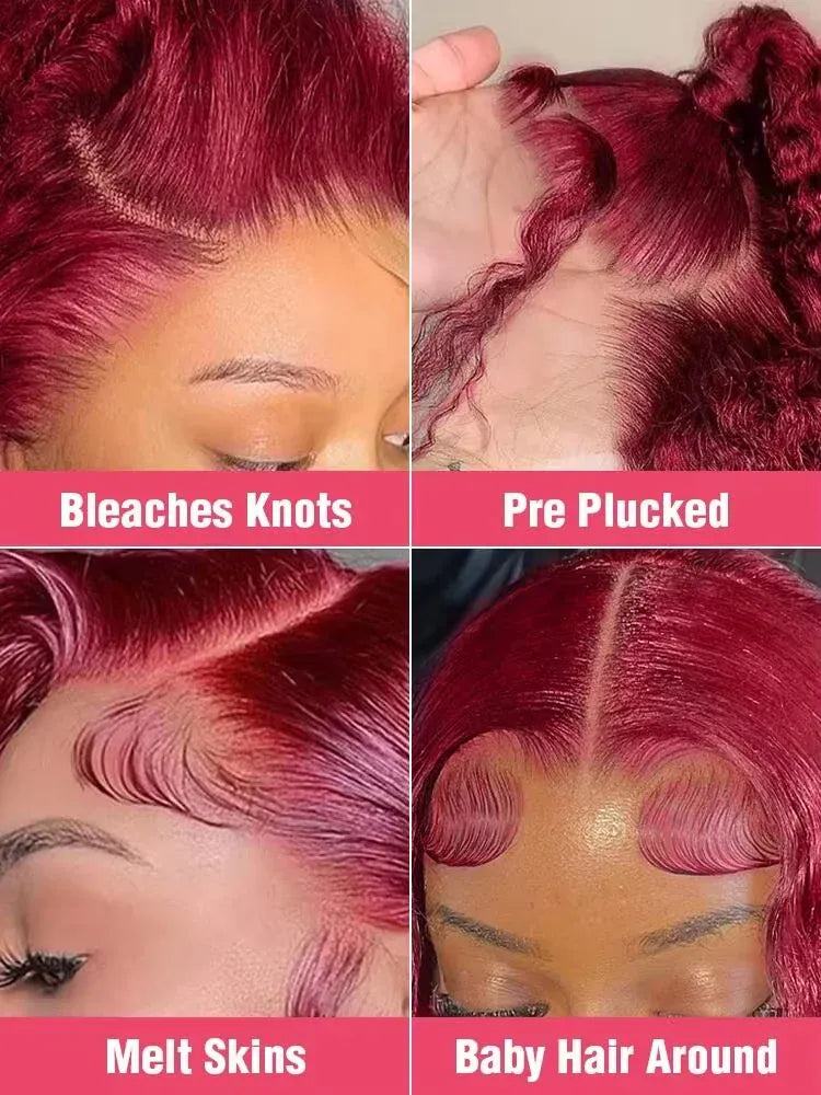 99j Burgundy Body Wave Human Hair Wigs 13x6 HD Lace Frontal Wig Brazilian 200 250 Density 30 40 Inch Red Colored Lace Front Wig