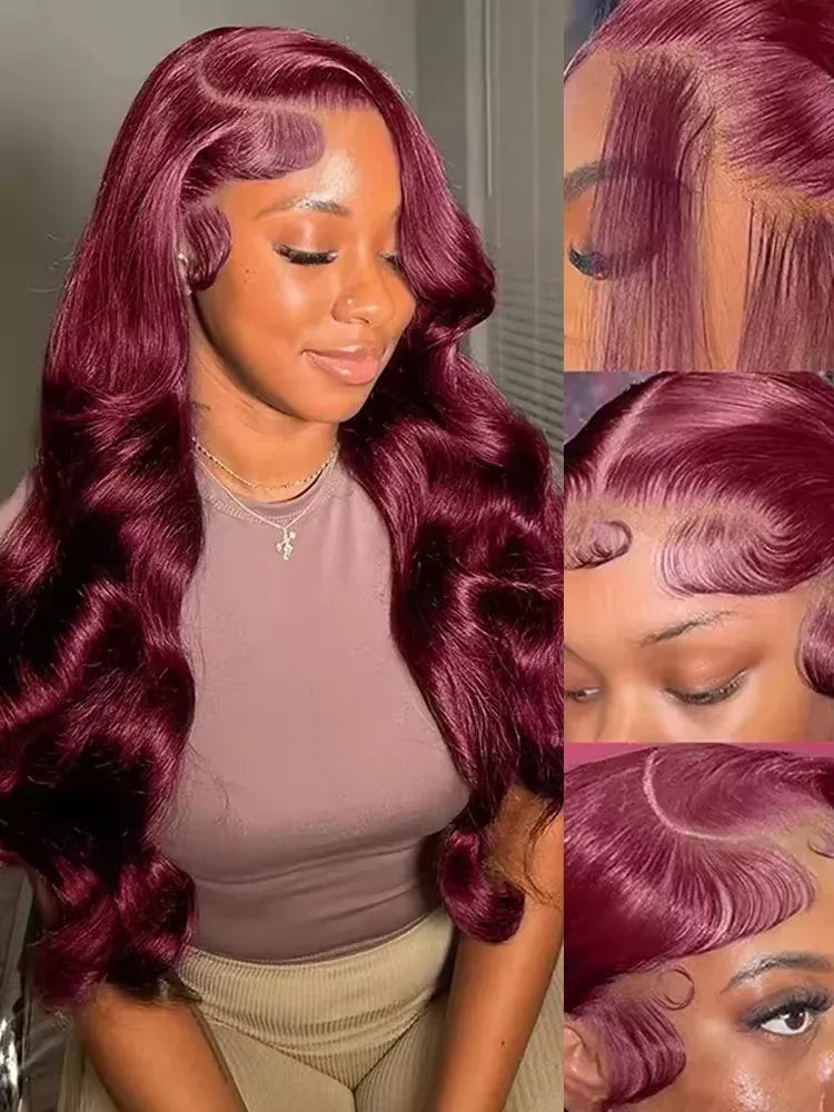 99j Burgundy Body Wave Human Hair Wigs 13x6 HD Lace Frontal Wig Brazilian 200 250 Density 30 40 Inch Red Colored Lace Front Wig