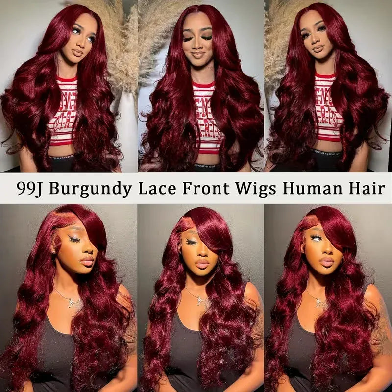 99J Burgundy Lace Front Wigs Human Hair Body Wave 13X4 Natural HD Lace Wig Human Hair 40 46 Inches 200 Density  PrePlucked Wigs