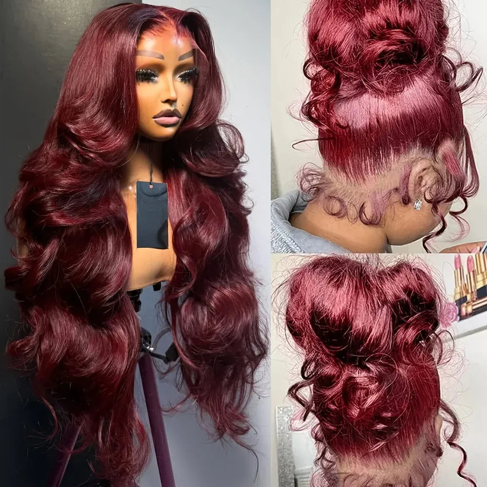 99J Burgundy Pre Impregnated Lace Women's Front Hair 250% Density 13x4 Body Wave HD Transparent Lace Front Wig For Women