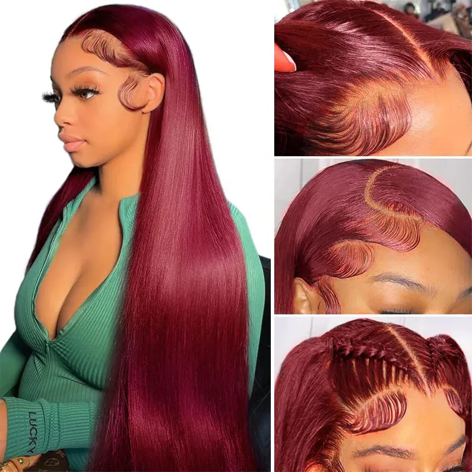 99J Colored Lace Front Human Hair Wigs Straight Burgundy 13x4  Transparent Full Lace Frontal Wig Red Brazilian Wigs For Women