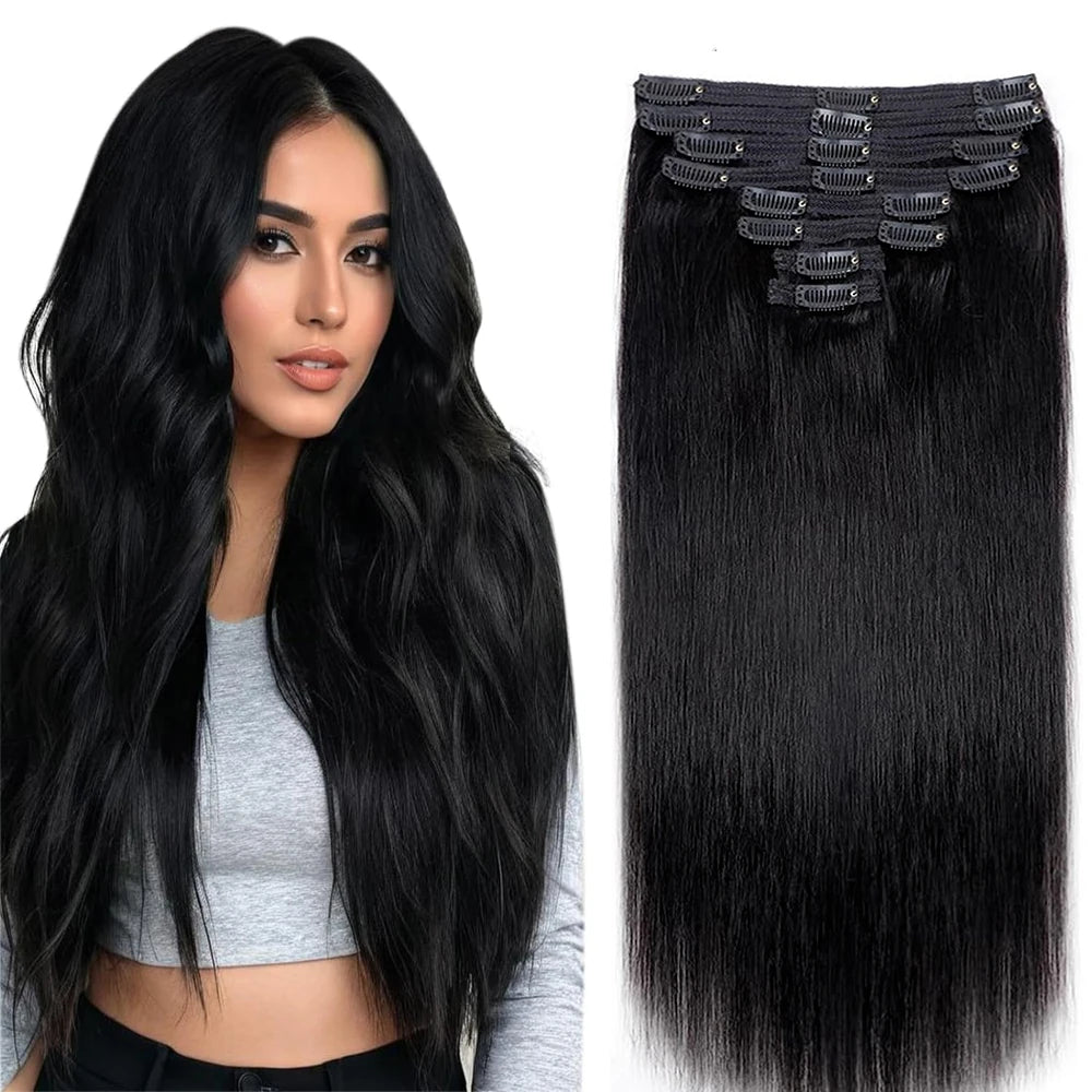 Natural black HSF Marketplace 100% human hair clip-in extensions, 120g full-head 8-piece set