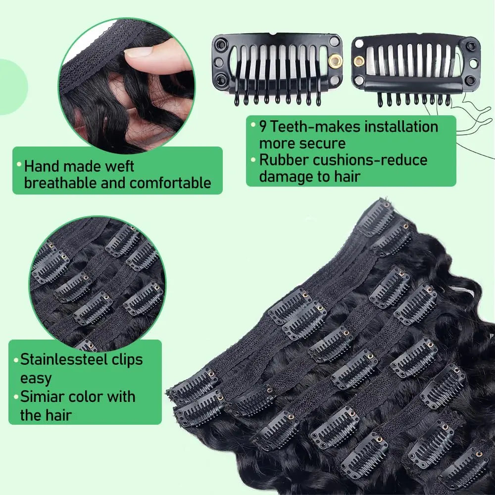 Deep wave clip-in hair extensions, 8-piece Brazilian Remy human hair set for Black women