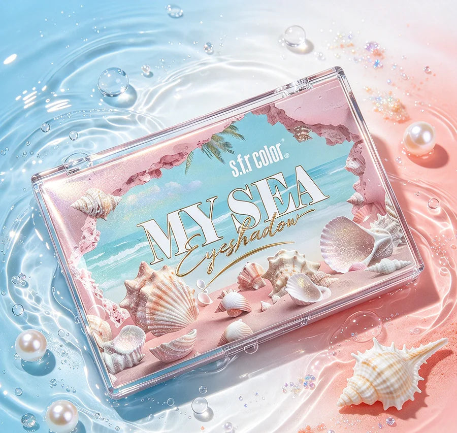 s.f.r Color MY SEA eyeshadow palette with matte and shimmer ocean beach seashell shades for eye makeup looks