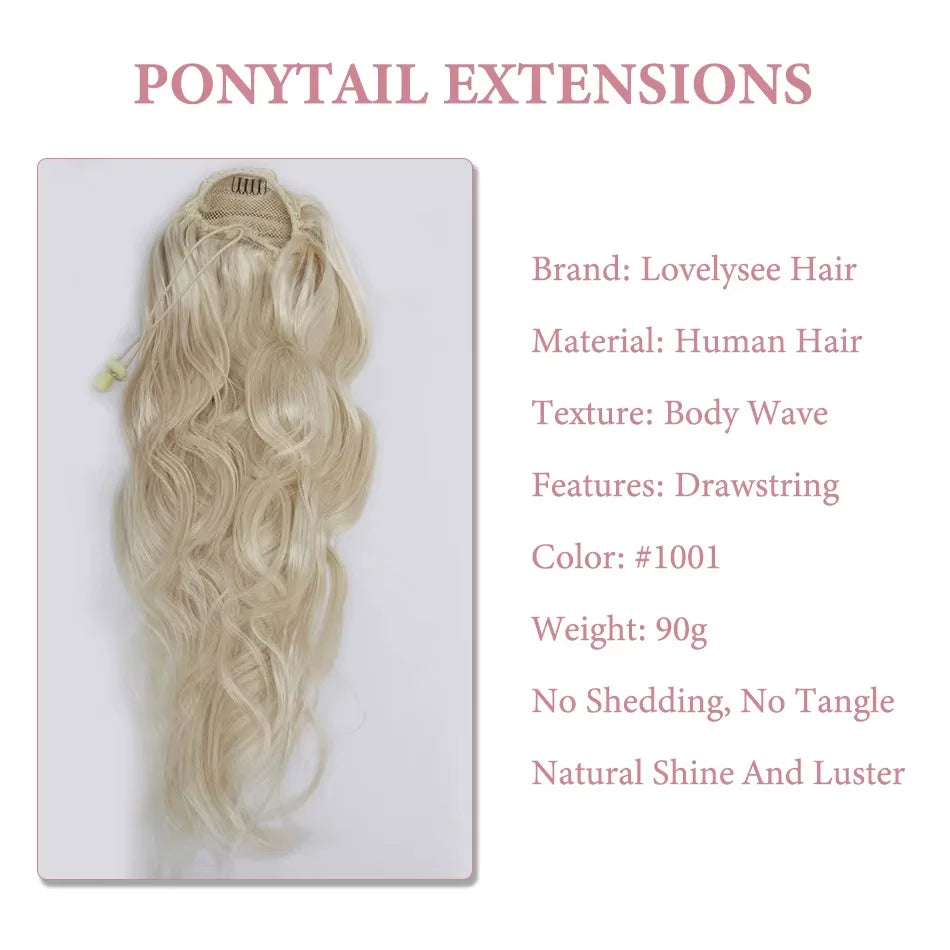 Brazilian human hair body wave drawstring ponytail wrap-around extension in natural Remy hair, 14–24 inch