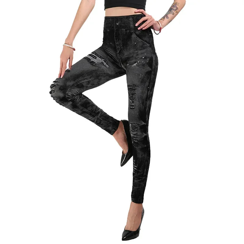 Women's high waist imitation jeans stretch leggings with slim push-up fit and casual streetwear style