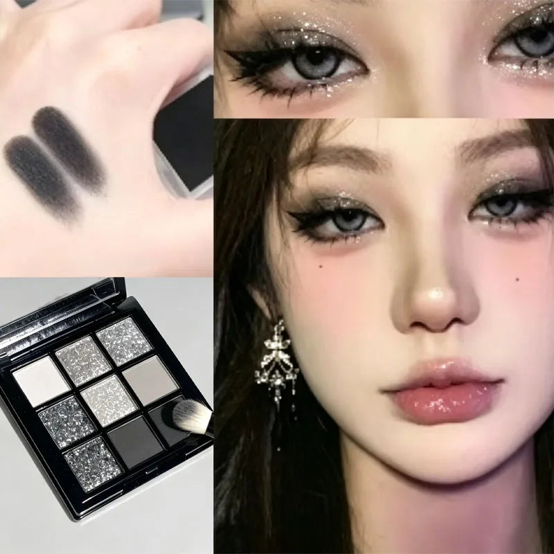2-piece 9-color chocolate brown and smoky eyeshadow palette set with matte, shimmer, and glitter shades