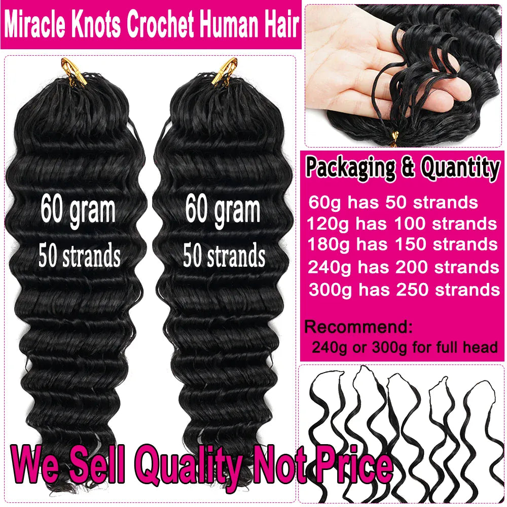 Miracle Knots Crochet Human Hair Deep Wave Bundles Invisible Knot Burmese Curly Boho Braids Crochet Human Hair Extensions 16-20 Inch Pre-Separated Reusable Feathered Human Crochet Curly 100% Human Hair For Black Women Lightwe