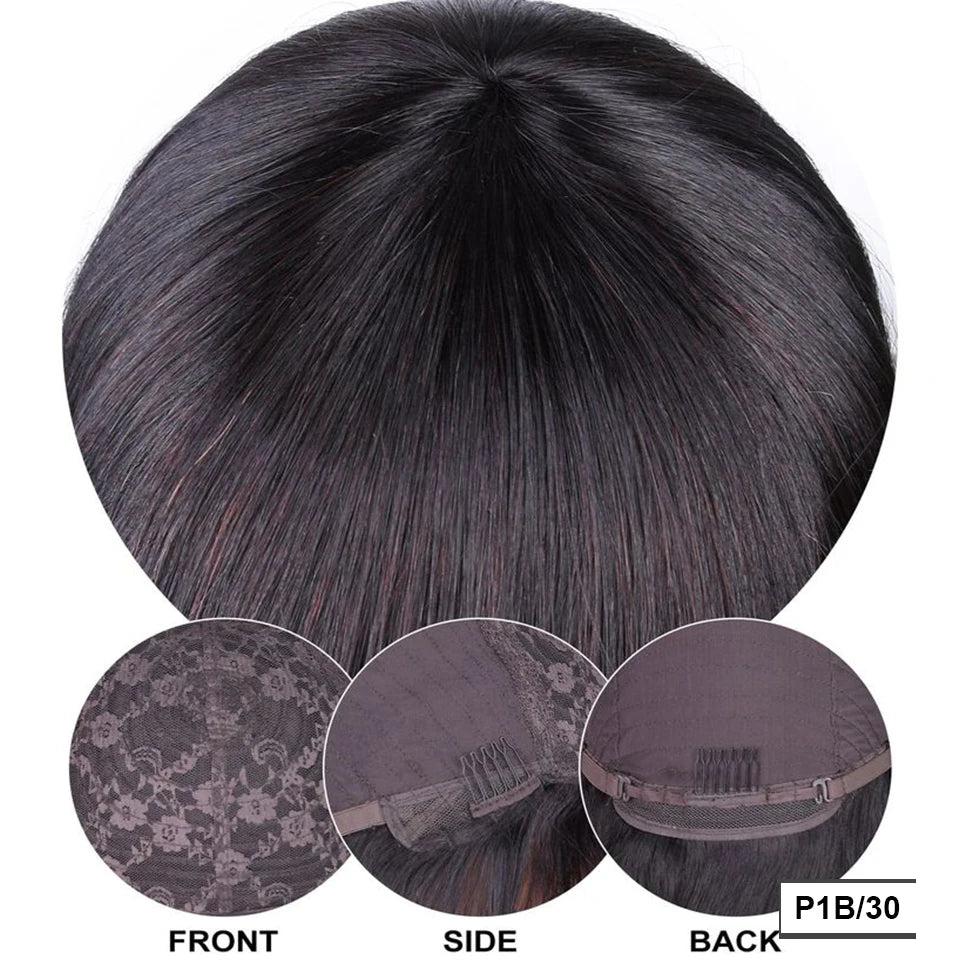 Natural black straight human hair wig with bangs, full machine-made, glueless design from HSF Marketplace, 100% Remy human hair for women.