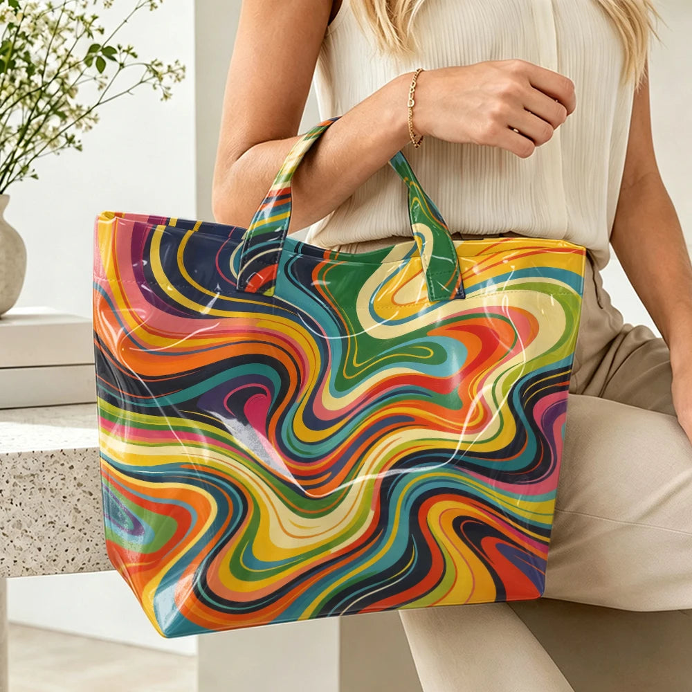 Colorful rainbow swirl marble print tote bag for women, large capacity and stylish for shopping or travel, by HSF Marketplace.